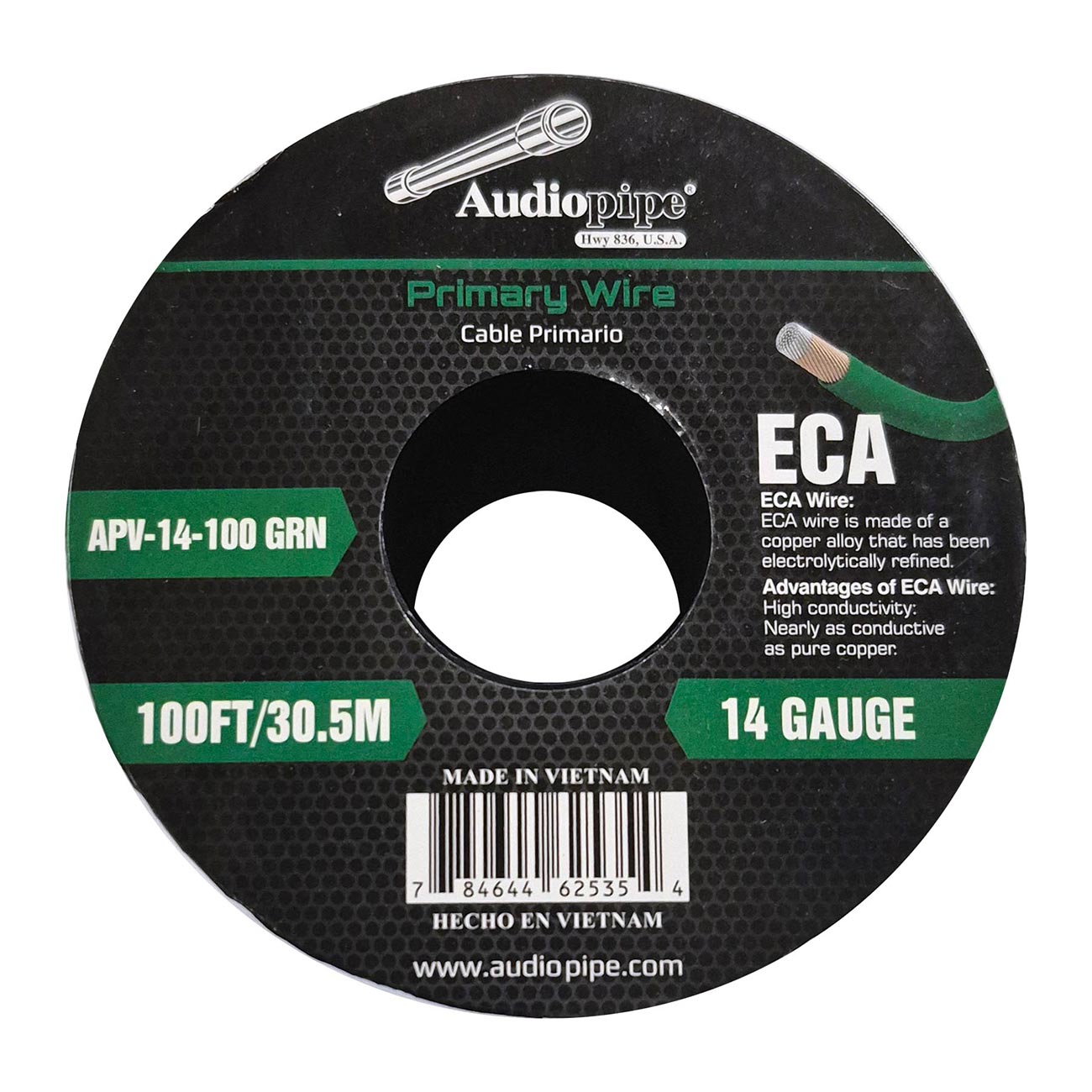 APV14100GRN - Audiopipe Flexible ECA Primary Wire 14 Gauge 100 Foot Spool – Green