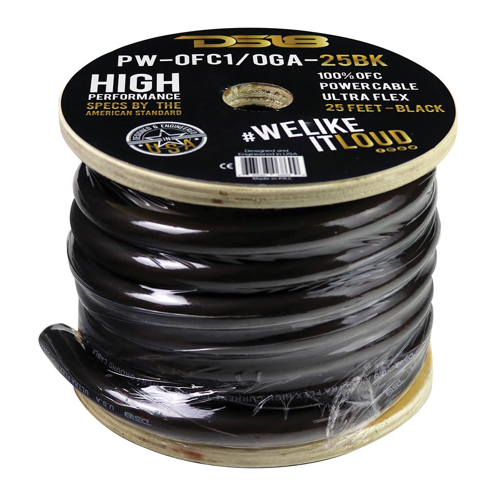 PWOFC10GA25BK - DS18 100% OFC Copper Power Wire 1/0 Gauge 25 Foot - Black