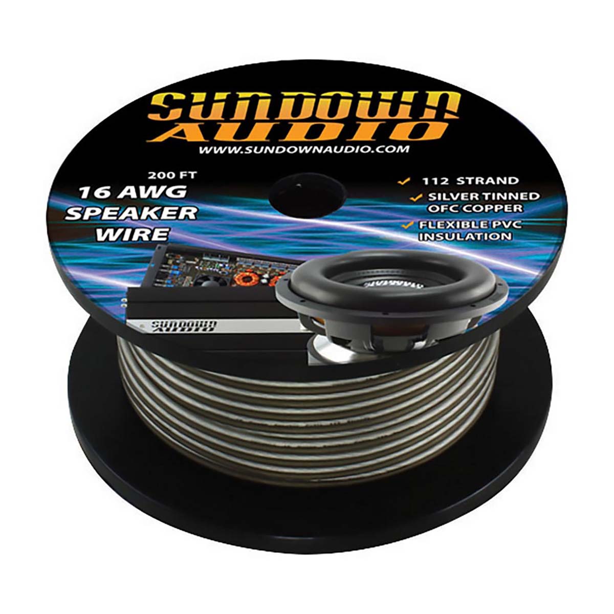 16AWGSPEAKERWIRE - Sundown Audio 16 AWG Speaker Wire -Black & Silver Jacket - 200 Ft