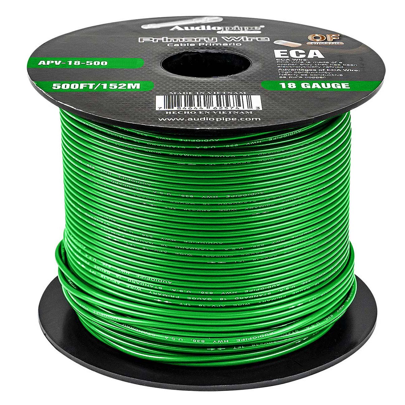 APV18500GRN - Audiopipe Primary Wire 18 Gauge 500 Foot Spool - Green