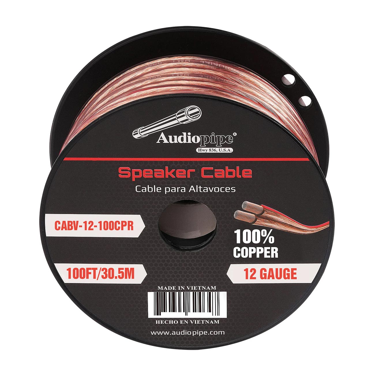 CABV12100CPR - Audiopipe 100% Copper Speaker Wire 12 Gauge 100 Foot Roll – Clear PVC Jacket