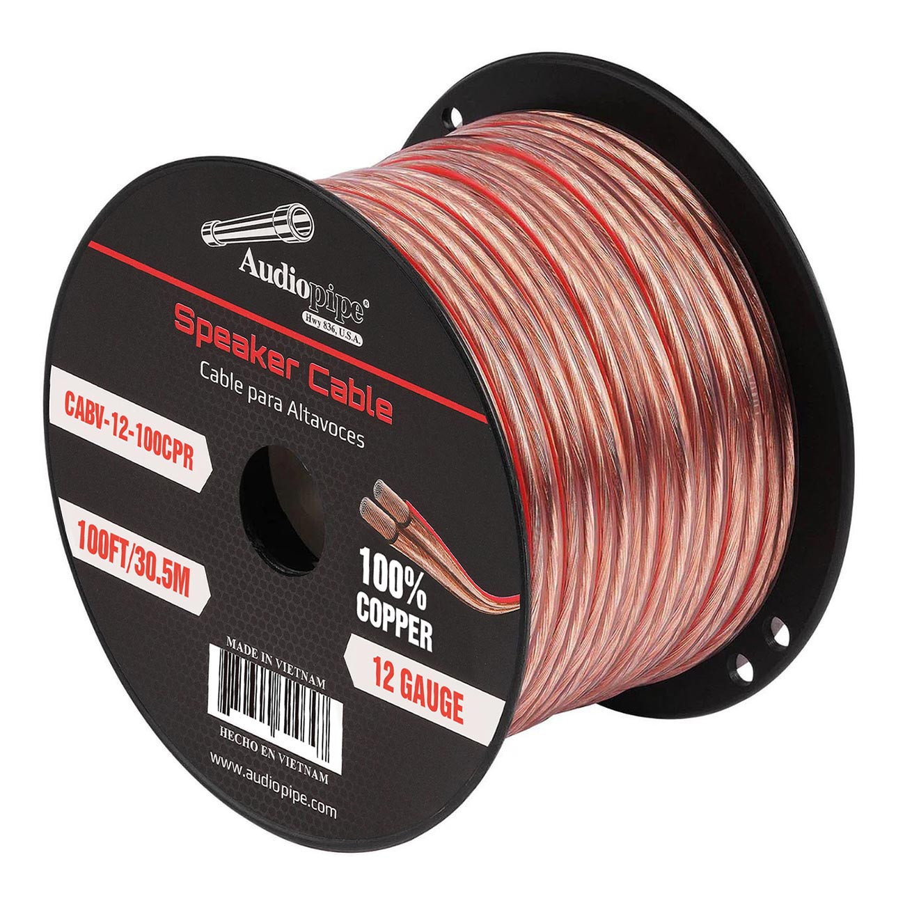 CABV12100CPR - Audiopipe 100% Copper Speaker Wire 12 Gauge 100 Foot Roll – Clear PVC Jacket