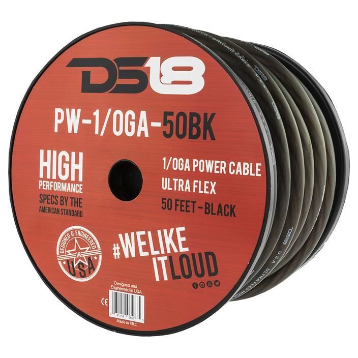 PW10GA50BK - DS18 1/0 Gauge high quality black power cable 50 ft. roll