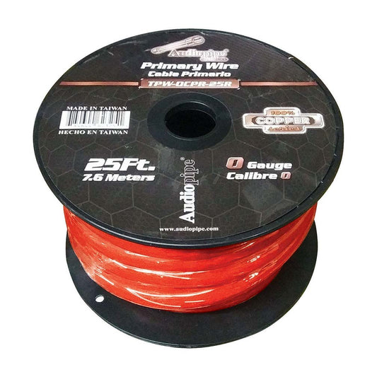 TPW0CPR25R - Audiopipe 0 Gauge 100% Copper Series Power Wire - 25 Foot Roll - Red PVC outer-jacket